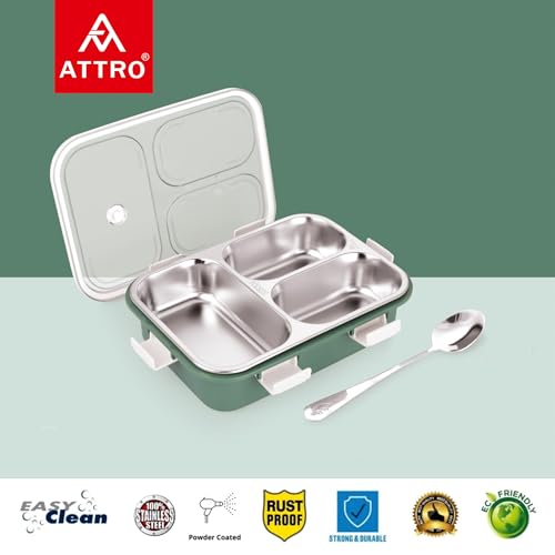 Image of Attro Bento 3 Compartment Stainless Steel Lunch Box with Steel Spoon, Heating & Water Insulation Design for Office, School & Travelling, 750ml- Light Green