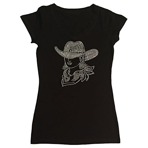 Women's Rhinestone Fitted Tight Snug Shirt Sexy Cowgirl with Hat (Black Cap Sleeve, Small) Cover