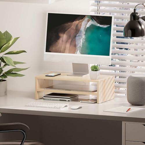 FITUEYES Monitor Stand - 2 Tier Computer Monitor Riser Shelf, Wood Desktop Stand for Laptop Computer Screen, Desk Organization, Office Supplies