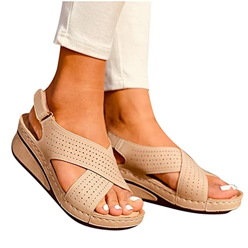 Women Orthopedic Comfort Sandal - Premium Orthopedic Casual Sandal, Orthopedic Flex Sandals Fashion Cross Strap Women's Wedge Sandals, Sursell Comfy Orthopedic Sandals, Beige, 4.5