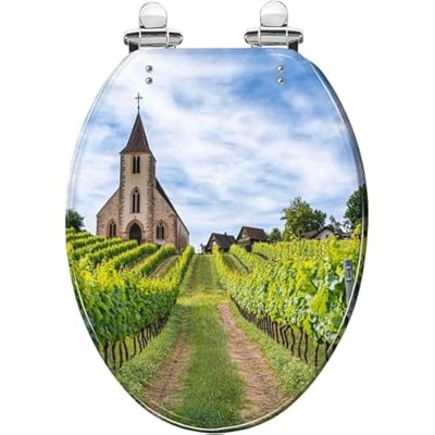 Elongated Toilet Seat vineyard medieval church Alsace France Resin Toilet Seat Quietly Close Quick Release Hinges with Cover Bumpers Decorative Easy to Install Clean