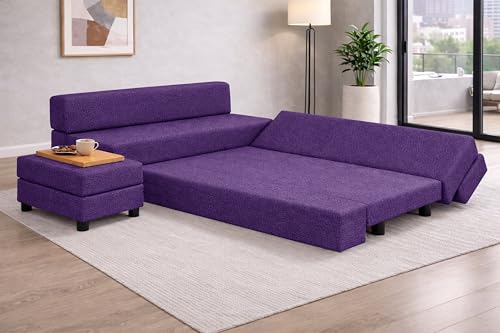 Image of Rosebell 3+2 Convertible Leg Sofa Cum Bed Set with Ottoman Foldable Modular Seating & Sleeper ? Space Saving Living Room Furniture Jute Fabric-Purple