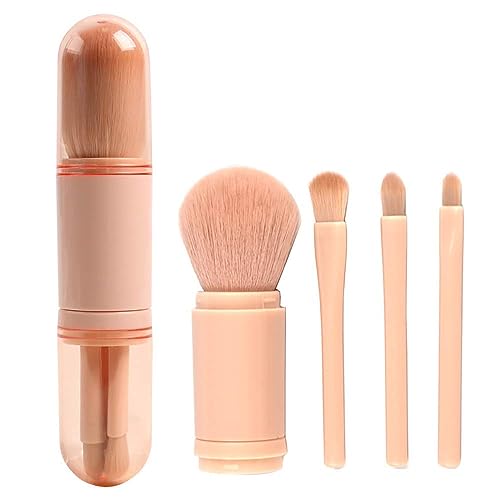 Zawexar 4 in 1 Retractable Makeup Brush Set, Portable Telescopic Makeup Brush For Women, Travel Blending Powder Foundation Brush, Lip Brush, Highlight Brush, Eyeshadow Brush (Brown)