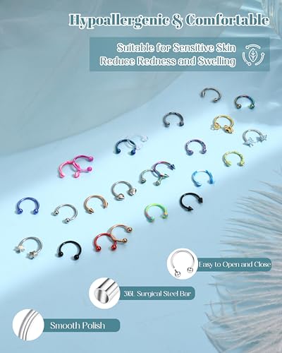 BESTEEL 24 PCS Septum Nose Rings for Women 16G - Hypoallergenic Horseshoe Lip Daith Piercing Jewelry Cute Small Stainless Surgical Steel Rook Conch Helix Tragus Daith Cartilage Earrings Hoops Set 10mm2