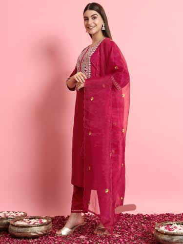 Image of VredeVogel Women's Silk Blend Embroidered Kurta with Pant & Dupatta Set