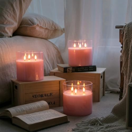 Image of Homemory 6x6 Extra Large Flameless Candle with 3 Wicks, Pink Glass LED Pillar Candle, Real Wax Battery Operated Candle with Remote and Timer, Flickering Flameless Candle Home Wedding Valentine Decor