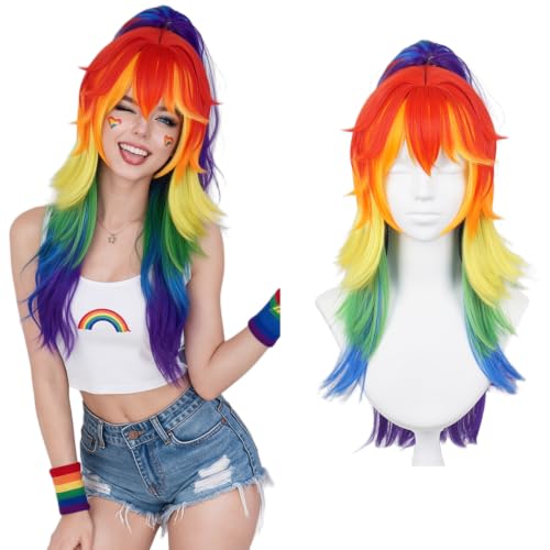 MAGQOO Rainbow Colorful Long Straight Ponytail Animie Cosplay Wig