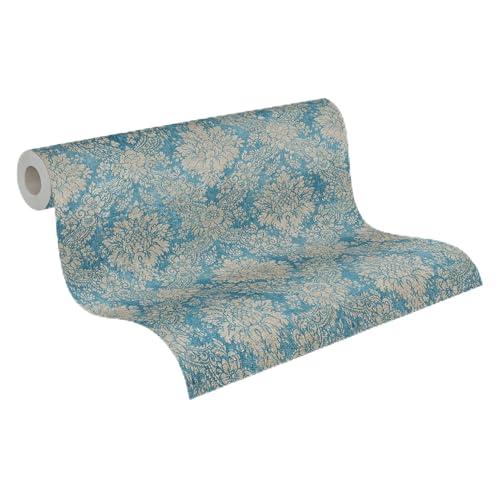 Papel pintado mural de pared DESIGNDROP - papel pintado tejido-no tejido con ornamentos en azul, marrón - 10,05m x 0,53m - papel pintado barroco clásico con ornamentos - 784921