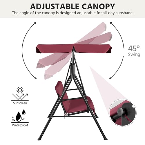 Image of Yaheetech 3-Seat Patio Swing Chair, Outdoor Canopy Swing with Adjustable Canopy & Removable Cushion, Hanging Lounge Chair for Patio, Garden, Yard, Porch - Burgundy | Outdoor Glider Swing, 550lb Capacity, Tilting Sunshade, Anti-Slip Pads, Weather-Resistant Fabric, Ez up, Sturdy A-Frame