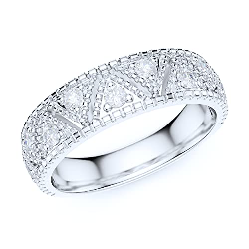 5.5mm Wide Sterling Silver Vintage Milgrain Simulated Round Brilliant Cut Diamond or Moissanites Unisex Wedding Ring