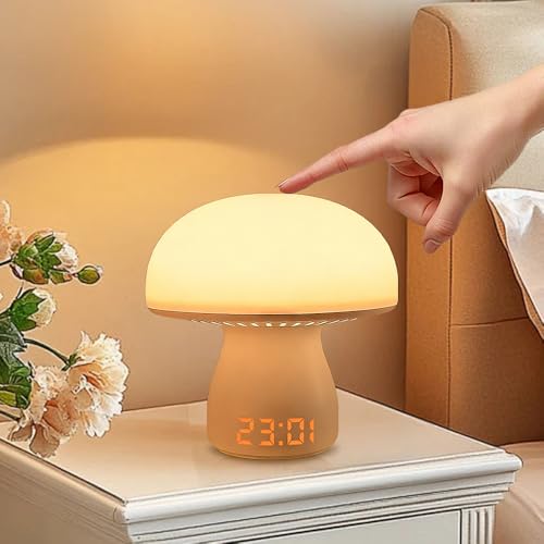 Hojalis Lampe De Chevet Tactile, Lampe Champignon Avec Télécommande, Lampe De Chevet LED Avec Affichage De L'heure Et Fonction Minuterie, Intensité Variable À 3 Voies, Idéale Pour Chambre Usage Enfant
