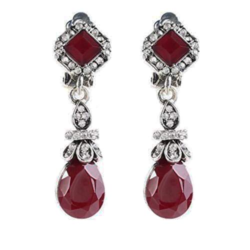 Silver Tone Art Deco Antique Vintage Style Ruby Burgundy Red Garnet Rhinestone Dangle Clip-On Earrings