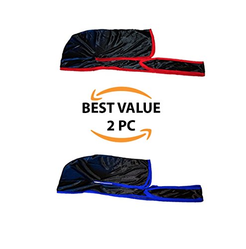 Silk Durag Pack of Two (2PC) 360, 540, and 720 Waves Extra Long and Wide Straps Limited Edition (Black/red & Black/Blue)