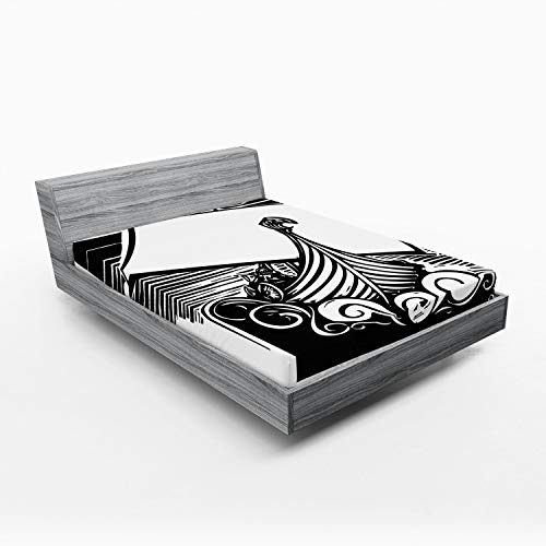 Ambesonne Nordic 2 Pack Fitted Sheet, Viking Longboat on Waves, Bed Cover All-Round Elastic Deep Pockets 2 Pieces, Package Contains 2 Full Size Fitted Sheets, Charcoal Black