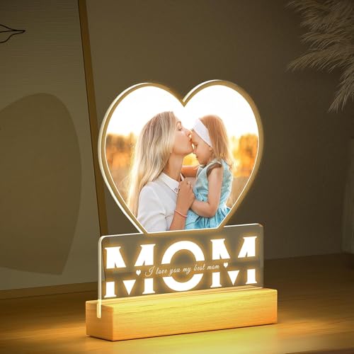 Image of SNAPTRAP Personalized MOM LED Acrylic Lamp with Photo | Customized Photo Gift for Mother | Night Lamp with Wooden Base | Birthday Gift for Mom | Mother's Day Gift | LED Photo Frame