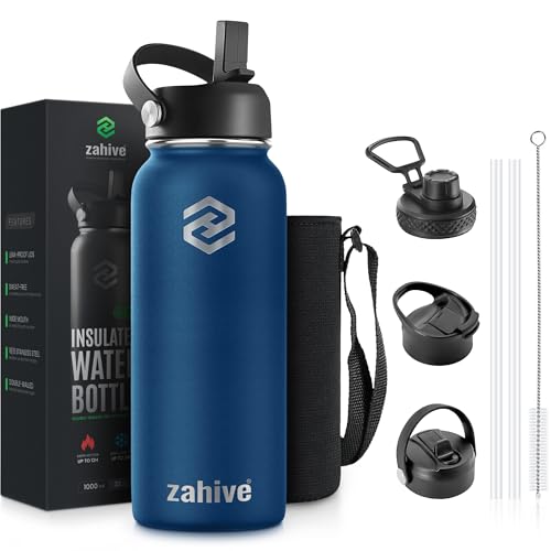Zahive Insulated Water Bottle 1l with 3 Lids & Bag - Stainless Steel Water Bottle with Straw - 1000ml Double Wall Flask for Gym Travel Hot & Cold Drinks - Leak Proof (1 Liter Navy Blue)