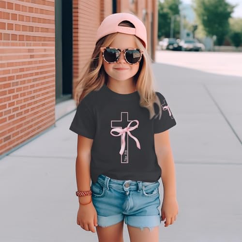 Image of Girls Cute Christian Shirts Kids Pink Bow Shirt Jesus God Faith Tshirts Aesthetic Cross Bible Verse Graphic Tee Tops