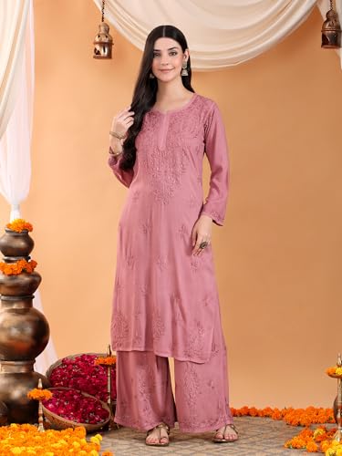 Image of POSHAK CHIKAN STUDIO Women's Hand Embroidered Lucknowi Chikankari Rayon Co-ord Set