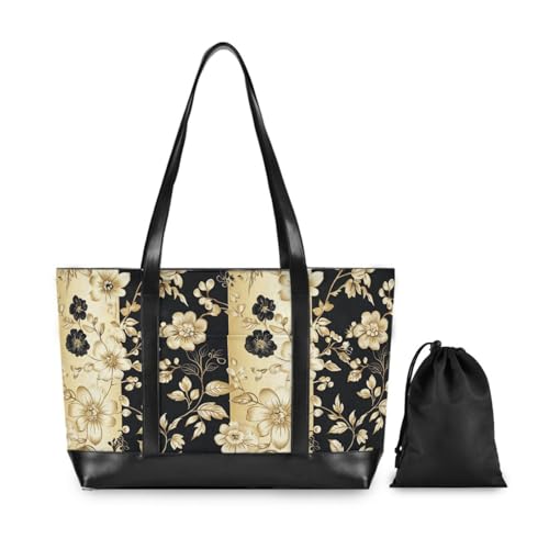 Vintage Flower Pattern Gold and Black essentials womens laptop tote bags with zipper work tote for work with diaper bolsa para laptop mujer2