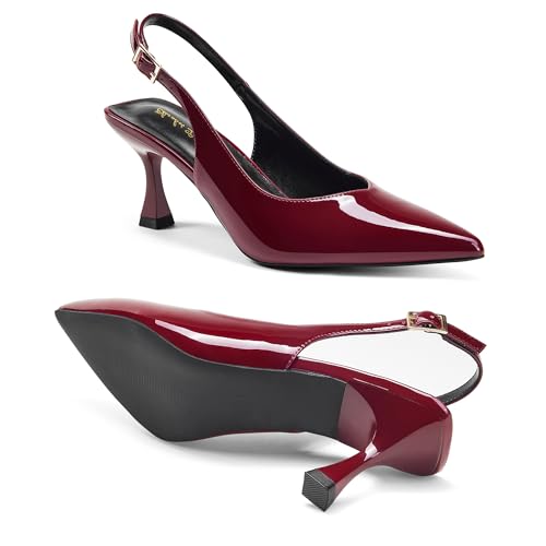 Image of Elisabet Tang Women's Kitten Heel Slingback Low Pumps 3 Inches Stiletto Pointed Closed Toe Elegant Dressy Bridal Wedding Party Shoes