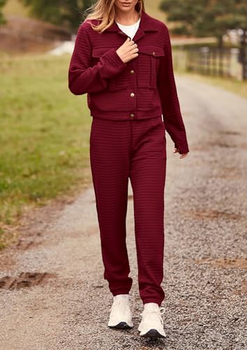 Image of PRETTYGARDEN Womens Two Piece Sets Fall 2026 Long Sleeve Button Down Shacket Jacket Long Sweatpants Tracksuit Winter Clothes
