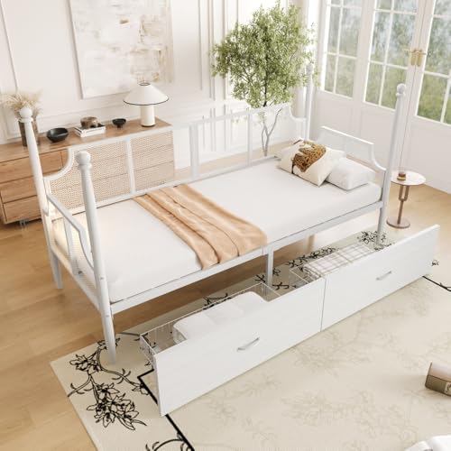 Canapé-lit en fer 90*200, lit simple pour adolescent avec dossier et accoudoirs en maille de style vintage, entouré d'un support de pilier haut, cadre en...