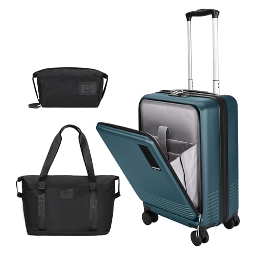 WireHot Maleta de mano de 3 piezas frontal abierta rígida ligera con ruedas giratorias y bloqueo TSA para llevar en viajes, equipaje, bolsa de aseo + bolso de mano, Azul Teal, 20in/TB/HB, Juego de 3