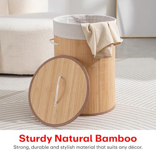 Image of Rioware Bamboo laundry bag basket for clothes with lid toy storage organiser box foldable Round Home Organizer and Storage | Eco Friendly | Compact and Easy to carry- Brown Econest