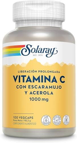 Vitamina C 1000 mg – 100 cápsulas veganas no tabletas – Suplemento VIT C de alta resistencia con ácido ascórbico, cereza acerola y rosa mosqueta – verificado en laboratorio Solaray