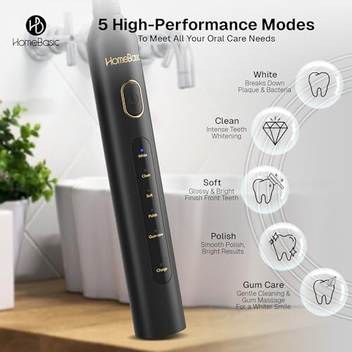 Image of HOMEBASIC Sonic Electric Toothbrush for Adults, 40000 VPM, 5 Modes, 6 Brush Heads, 60-Day Battery, USB-C Rechargeable, IPX7 Waterproof, Smart Timer, Travel Case for Men & Women (Black)