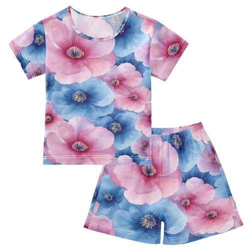 ALAZA Blue Painting Blossom Pajamas Set Short Sleeve Cotton Sleepwear Summer Pjs 2 Piece 5-14Y