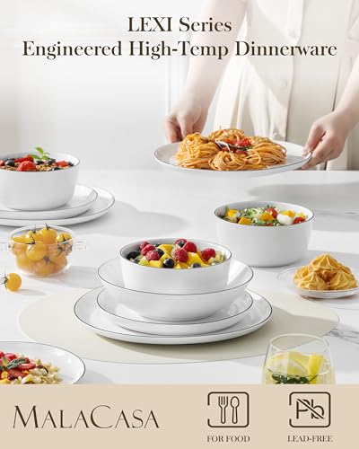 Image of MALACASA 24 Pieces Gourmet Porcelain Dinnerware Sets, Premium Plates and Bowls Set, High-Fired Dishes Set for 6, Chip & Scratch Resistant, Microwave Dishwasher Safe, White & Black Rim, Series LEXI