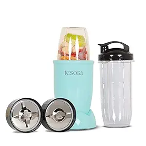 Tesora - Inspired by you Nutri-Flash Mixer, Grinder & Blender | 400 Watts | Comes With 2 Jars & A To-Go Lid | Stainless Steel Serrated & Cross Blade With Detachable Base | Finish Blue