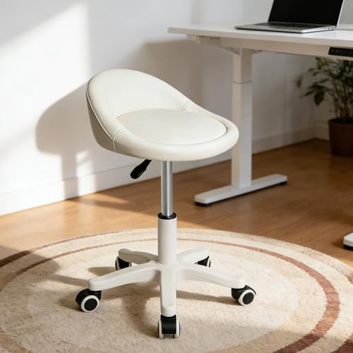 Image of Rolling Stool Chair with Backrest, Round PU Leather Adjustable Height Hydraulic Swivel Rolling Stool for Spa Salon Tattoo Massage Doctor Dental Medical Office Beige