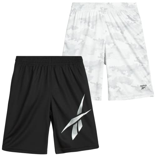 Reebok Boys’ Active Shorts – 2 Pack Athletic Performance Dry Fit Gym Basketball Shorts (S-XL), Size Small, White Camo/Black