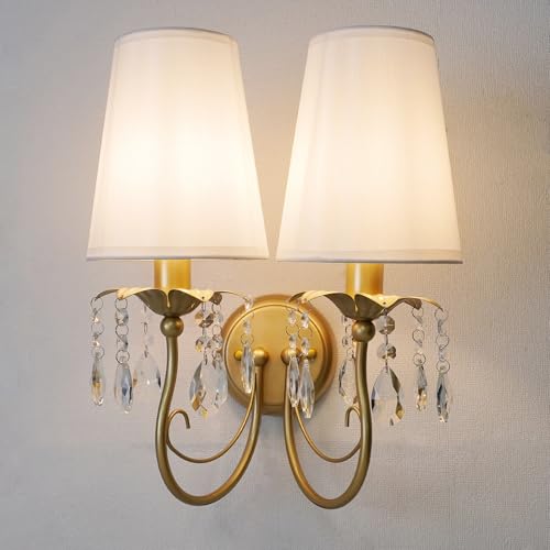 Image of 2-Light Vintage Crystal Wall Sconce, Antique Wall Lights with White Fabric Lampshade for Bedroom Bedside Living Room, Matte Gold Finish