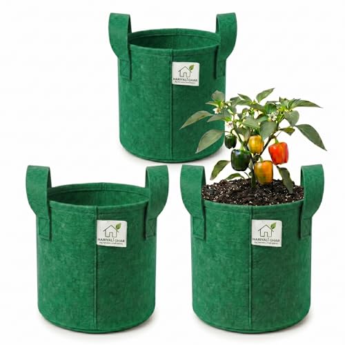 Image of 400 GSM Geo Fabric Round Grow Bags 10x10 Inch with Handle, Green Planting Bags for Terrace and Kitchen Gardening Pack of 3