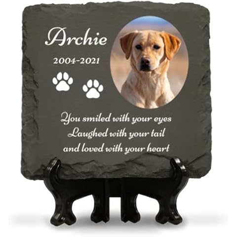 Personalised Pet Memorial Plaque with Photo and Text Square Slate for Dog Cat 100mm with Display Stand Cover