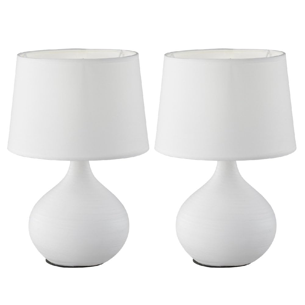 Britalia White 2 Pack - Textured Ceramic Vintage Globe Urn Table Desk Lamp With Matching Fabric Shade | 29Cm Height | 1 X Ses E14 Lamp Bulb Required | Uk Approved | Retro Design | Tapered Drum Lampshade