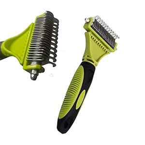 Pet Grooming Rake Stainless Dematting Brush Deshedding Detangling Matted Tool Double Sided Green Undercoat Comb w/Non Slip Handle for Dogs and Cats