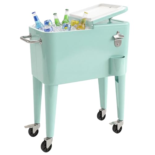 Outsunny Carro de Bebidas Refrigerado 56L con Ruedas, Carro Nevera con Abrebotellas, Recogetapas y Asa, para Patio, Fiesta, Terraza, 75x35x78 cm, Verde Claro