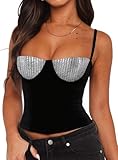 Women Black Velvet Sequin Bra Corset Tank Tops Dressy Sparkly Holiday Shirts Party Date Night Going Out Club Metallic Rave Top Country Concert Christmas New Years Eve Festival Outfits,Silver,Medium