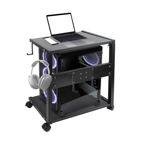 CISSIYOG Support Tour PC avec roulettes, Meuble Imprimante et Boîtier PC en MDF, Rack de Sol Réglable en Hauteur avec 4 Crochets pour Bureau (58.5-72 cm)