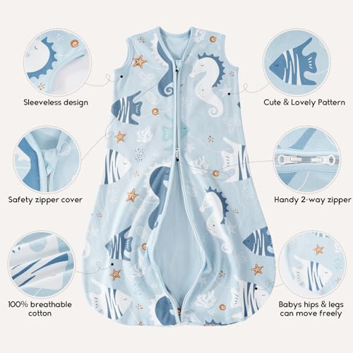 Image of Yoofoss Baby Sleep Sack 18-24 Months 0.5 TOG Baby Wearable Blanket, 100% Cotton Infant Toddler Sleeping Sack 2-Way Zipper Lightweight Sleepsack, Seahorse, X-Large