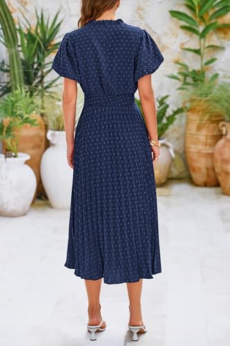 PRETTYGARDEN Womens Summer Midi Dresses Puff Short Sleeve V Neck Swiss Dot Pleated A Line Flowy Long Wedding Guest Dress2