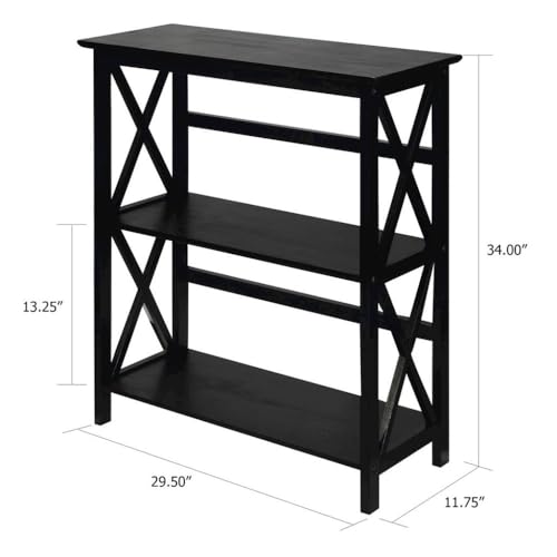 Furnifact Black 3 Shelf Bookcase with X-Design, Solid Wood Frame, Three Tier Shelf Unit for Storage and Display, Durable Bookshelf for Home Use - Thumbnail 3