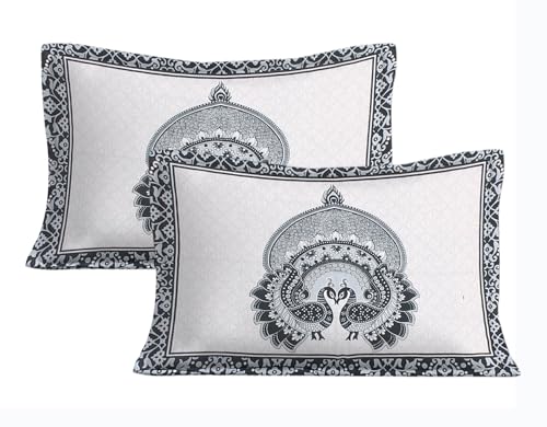 Image of JAIPUR PRINTS 100% Cotton Bedsheet for Double Size Bed Rajasthani Jaipuri Printed with 2 Pillow Covers 90x100 inch 235x215 cm (Gray) - 3 Piece Set