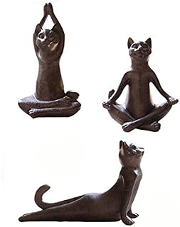 Set of 3 Rusty Brown Vintage Rustic Decorative Resin Animal Cat Yoga Pose Statue, Kitty Yoga Figurine Statue, Meditation Room Yoga Figurine, Yoga Pose Statue, Yoga Sculpture