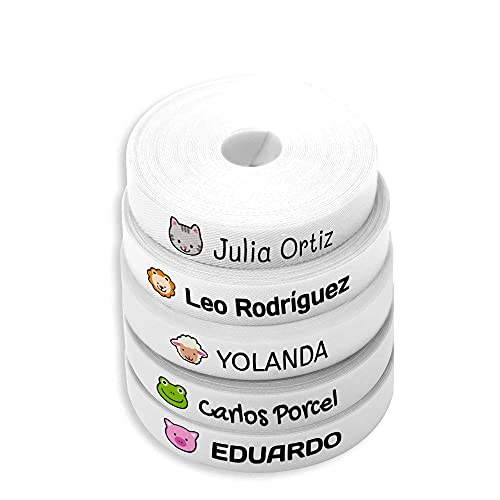 Haberdashery Online 150 Etiquetas Personalizadas para Ropa de Niños. Tela Termoadhesiva Blanca con Nombre e Icono, para Camisetas, Pantalones y Abrigos