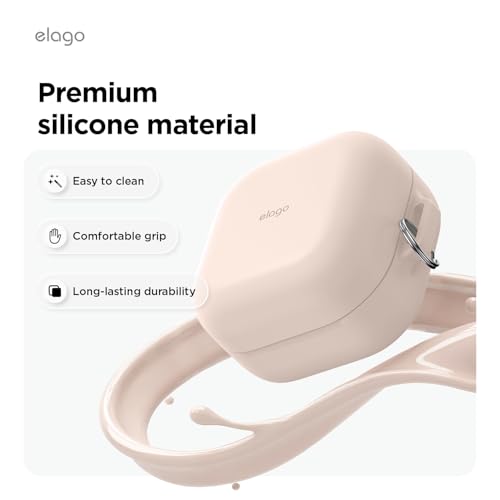 Image of elago Premium Silicone Case with Carabiner, Compatible with Samsung Galaxy Buds 4 Pro Case & Galaxy Buds 4 Case, Full Protection, Wireless Charging, Headphone Accessories, for Men, Women (Sand Pink)